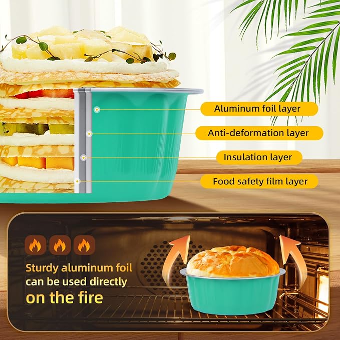 Beasea Ramekins Baking Cups with Lids, 120 Pack 8 oz 4 Inch Disposable Mini Elegant Blue Foil Creme Brulee Aluminum Baking Cups Small Round Cupcake Tart Pie Tins Pans Individual Containers Oven Safe