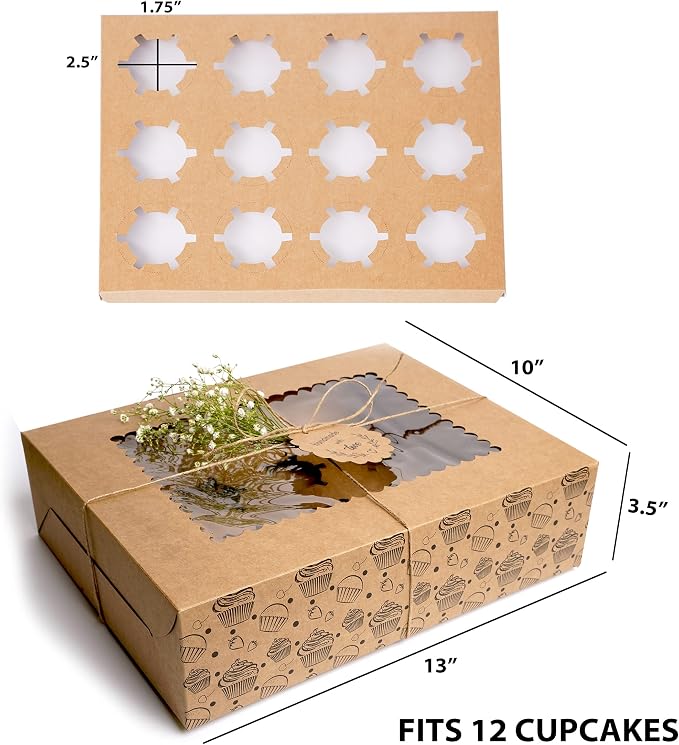 Cupcake Boxes with Window, Food Grade Kraft Bakery Containers to fit 12 Cupcakes, Cookies, Muffins, Pastry, Long Treats (10)