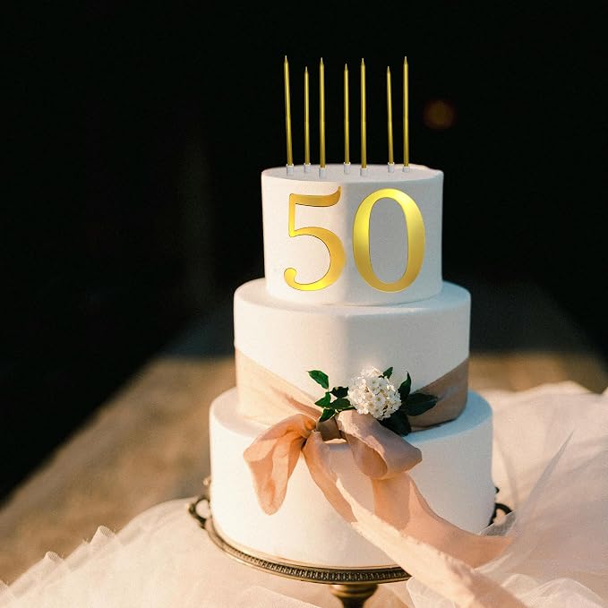3.7IN Gold Acrylic Number 1-10 Cake Topper with 12 Gold Long Candles - Perfect for Birthday Party Supplies, Ideal for Cake Decoration (Number 50, Gold)