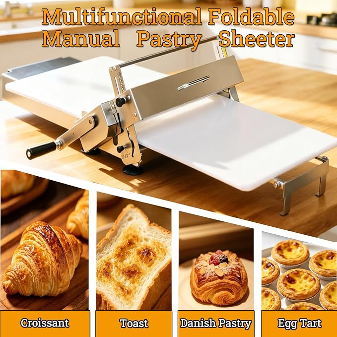 Folding Dough Sheeter (15.8"), Countertop Dough Sheeter,Dough Roller Machine Stainless Steel Sheeter 0.2-25mm Adjustable Thickness Stainless Steel Manual Dough Sheeter Machine With Board(300)