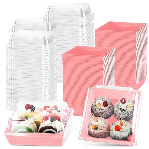 100 Pack Charcuterie Boxes with Clear Lids Valentine Gift 5 Inch Cookie Boxes Disposable Cake Case Paper Square Cookie Containers Dessert for Sandwich Slice Cake Hot Cocoa Bombs Strawberries(Pink)