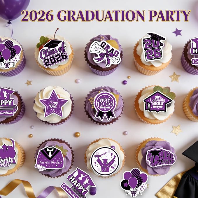 48pcs Edible 2026 Graduation Cupcake Toppers Wafer Paper Purple Class of 2026 Cake Decorations Edible Congrats Grad Cupcake Picks for 2026 Graduation Theme Party Cake Supplies
