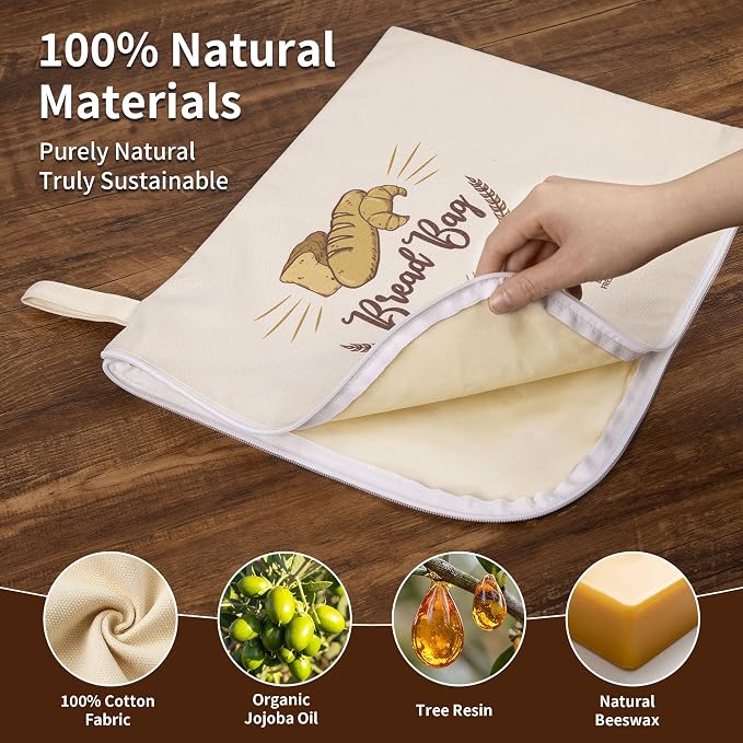2 Pack Reusable Beeswax Bread Bag with L-Shaped Zipper, X-Large | Easy-Access Wrap for Sourdough & Baguettes, Sustainable Organic Cotton Food Storage, Zero Waste Artisan Bread Protector