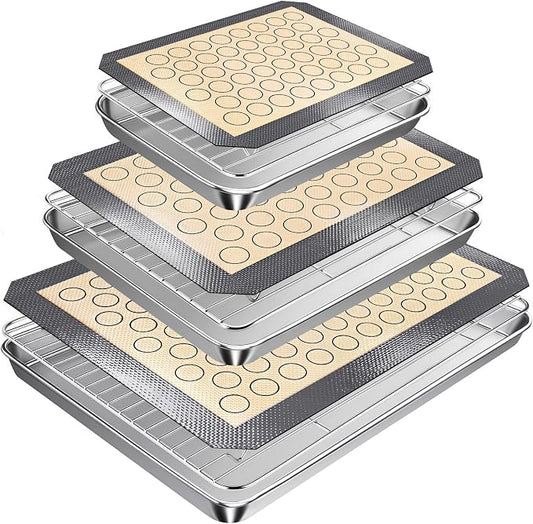 Stainless Steel Baking Sheet Tray Cooling Rack with Silicone Baking Mat Set, 9/12/16 Inch Cookie Sheet Baking Pan with Wire Rack Set, Set of 9 (3 Sheets + 3 Racks + 3 Mats), Heavy Duty & Rust Proof