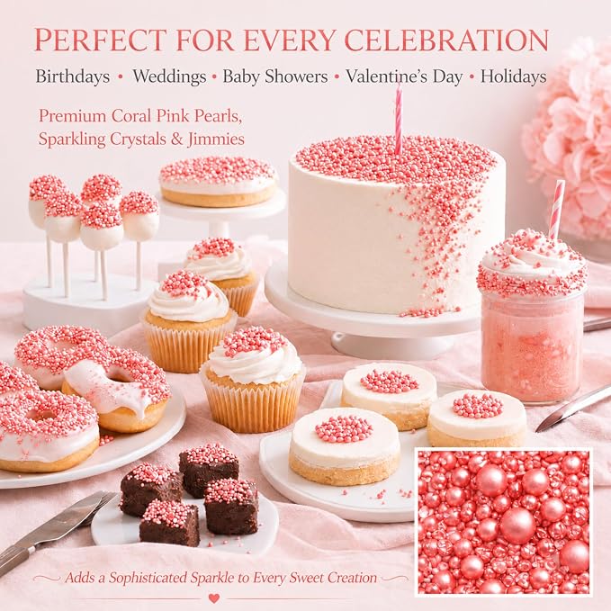 Confect Mix Rose Pink Pearls & Jimmies Sprinkle | Baby Shower & Birthday Sprinkle | Edible Sprinkles for Cakes & Cupcakes Decoration - Vegan, Gluten-Free, Nut-Free, Soy-Free, Dairy-Free, Palm Oil-Free – 4.2 Oz