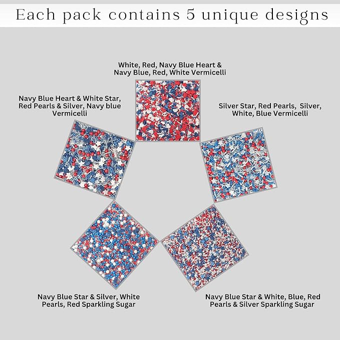 Confect Edible Cake Sprinkles | Assorted Pack of 5 Patriotic Mix Red, Blue, Silver & White Sprinkles | Mix Heart & Star Sprinkles For Cake & Cupcake Decorations | Vegan, Gluten-Free, Soy-Free, Dairy-Free, Palm Oil-Free- 5 Oz