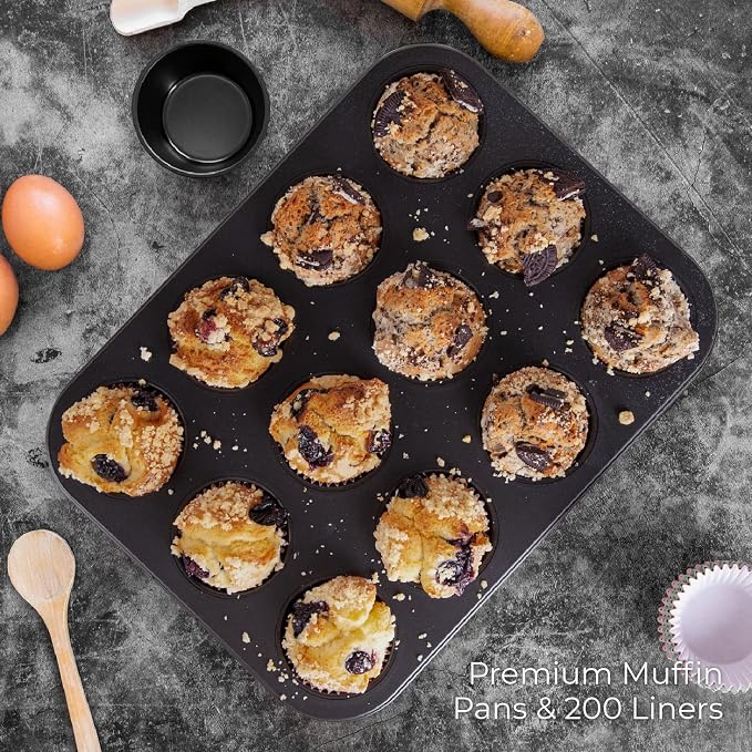 CARTMAN 1 Muffin Pan with 200 Cupcake Liners, Nonstick 12-Cup Muffin Tin, Carbon Steel Cupcake Pan for Baking Muffins, Egg Bites, Brownies & More