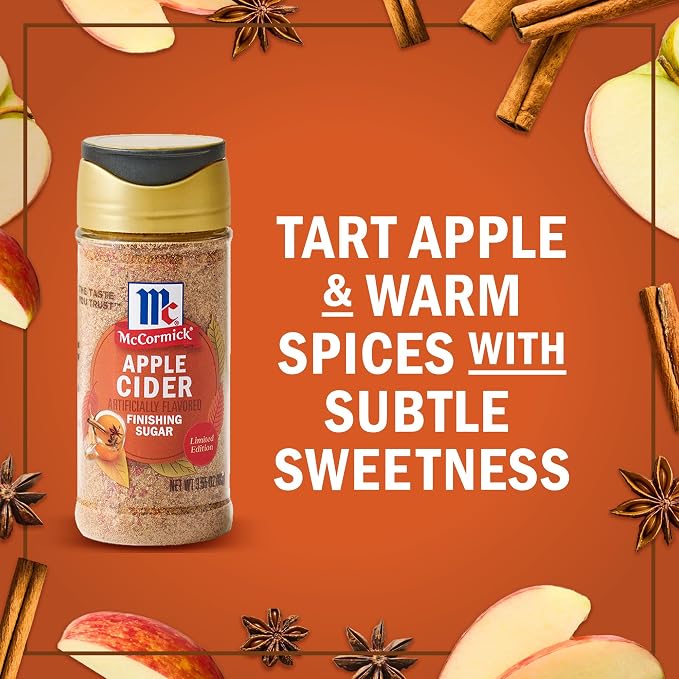 McCormick Finishing Sugar, Apple Cider, Limited Edition, Sweet Blend of Tart Apple and Warm Spices, For French Toast, Cookies, Muffins, Pancakes, Donuts, and More, 3.61 oz