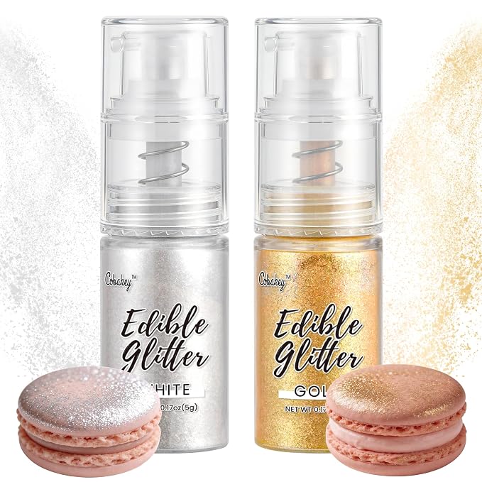 Shimmer White & Gold Edible Glitter Spray, Edible Glitter for Cocktails, Cobakey Luster Dust Edible for Cake Decorating, Drinks, Baking, Chocolate, Strawberrie 5g/2 Bottles