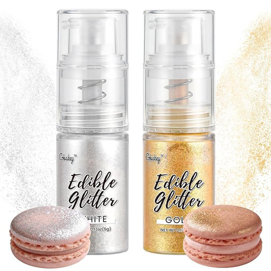 Shimmer White & Gold Edible Glitter Spray, Edible Glitter for Cocktails, Cobakey Luster Dust Edible for Cake Decorating, Drinks, Baking, Chocolate, Strawberrie 5g/2 Bottles