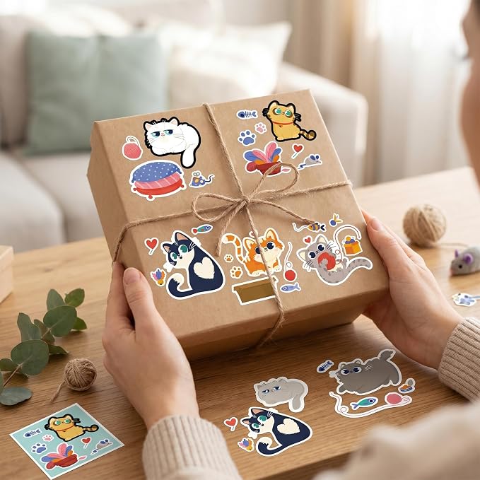 Cute Cat Stickers Roll - 300 Pcs Cartoon Cat Stickers, Fun Animals Sticker for Scrapbook Journal Water Bottle Laptop, Waterproof Decals for Women
