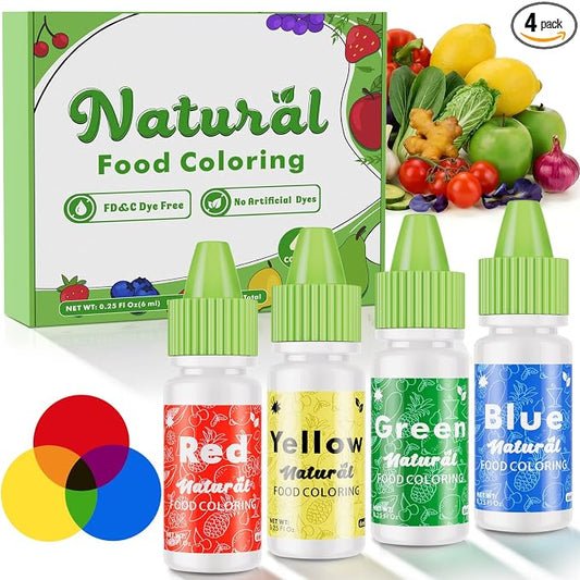 Natural Food Coloring - FD&C & Artificial Dye Free Formula Color 4 Natural Food Dye Set for Icing Frosting Cake Baking Easter Egg Fondant Cooking Decorating - 0.25 Fl. oz (6 ml)/Bottles
