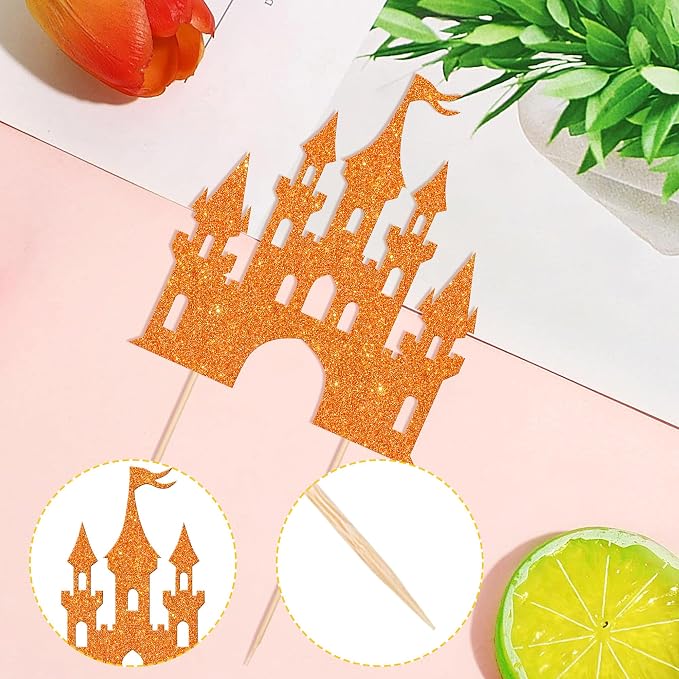 1 PCS Castle Cake Topper Glitter Princess Cake Topper Castle Theme Birthday Party Decoration Princess Happy Birthday Cake Decoration for Baby Shower Girls Princess Birthday Party Supplies Orange