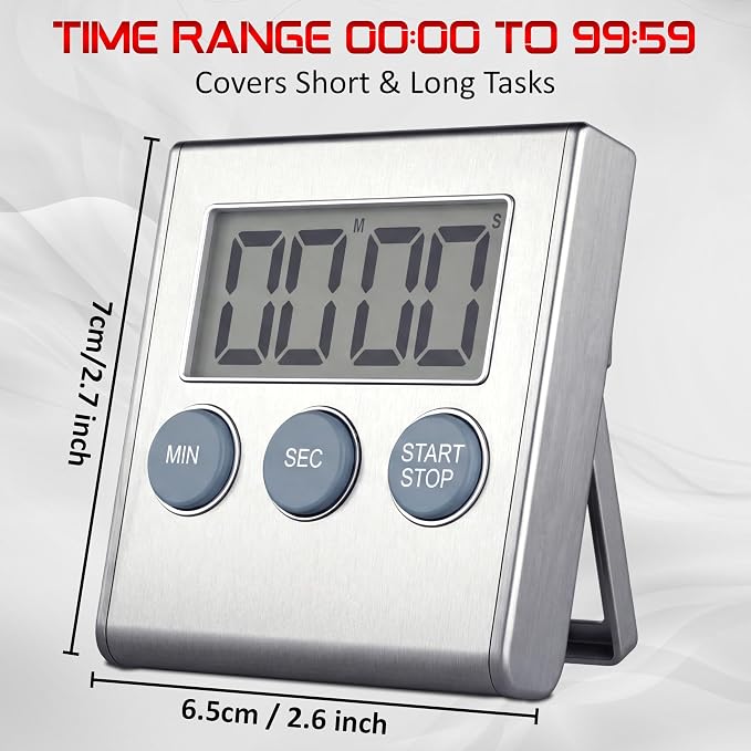 Digital Kitchen Timer for Cooking, Magnetic Countdown Timer with Loud 80dB Alarm, Large Display, Adjustable Stand, Auto Memory, Stop Watch for Classroom, Study, Kids - Silver