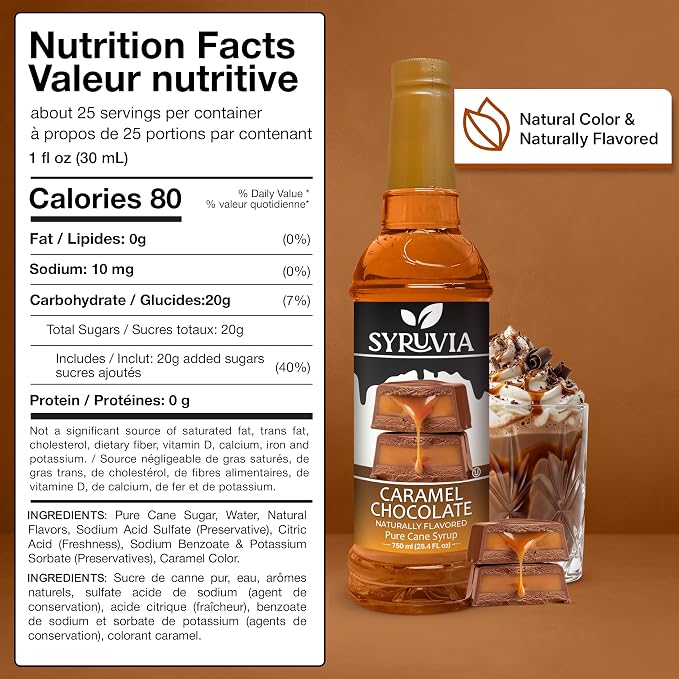 Syruvia Coffee Syrup, Caramel Chocolate Flavored Syrup for Drinks, Lattes, and Desserts, Natural Flavors – 25.4 fl oz - with Pump