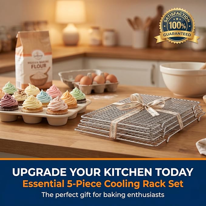 Cooling Rack Set of 5, Heavy Duty Stainless Steel Wire Rack for Baking, Fits Jelly Roll Cookie Sheet Pan, 10" x 16", Oven Safe to 575°F, Warp Resistant, Dishwasher Safe