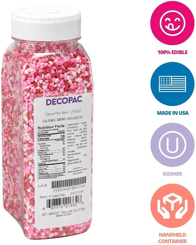 DECOPAC Valentine's Day Quins, 18oz, Fancy Sprinkles In Heart Shapes, Candy Sprinkles in Handheld Container, Edible Sprinkles For Celebration Cakes, Cupcakes, Cookies