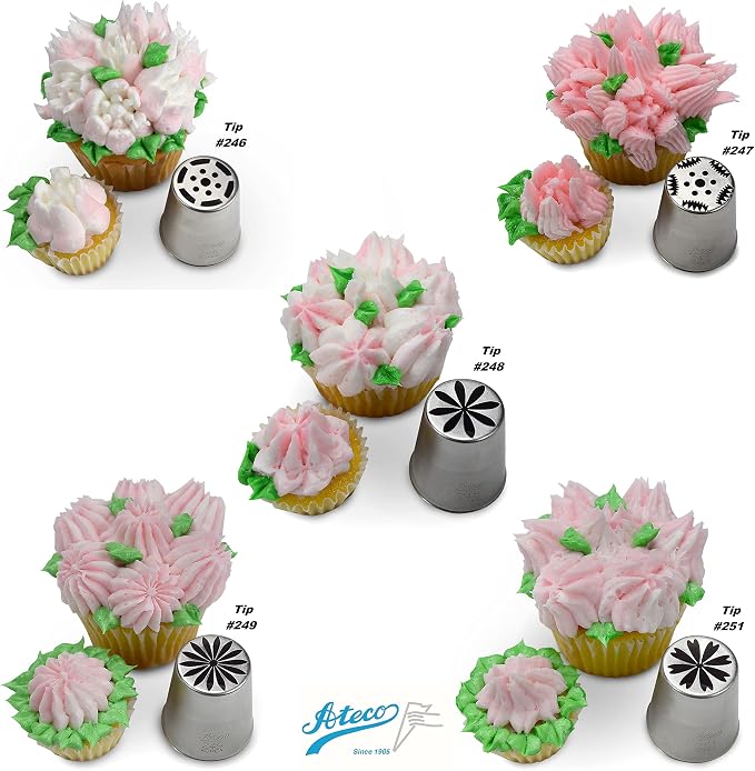Ateco One Step Flower Russian Tube Set Includes Stainless Steel Tips:, 241, 242, 243, 244, 245, 246, 247, 248, 249, 251, 253, 254, 257, 258, 259