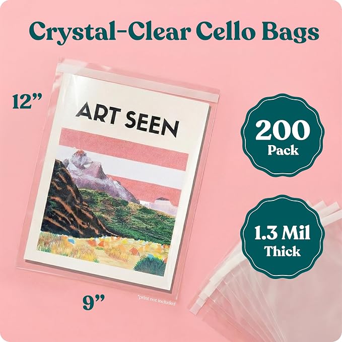 Pack It Chic - 9” X 12” Self Sealing Cellophane Bags (200 Pack) - Resealable Adhesive Clear Bags for Gifts, 9X12 Photos, Prints, Envelopes, Letter Sized Documents