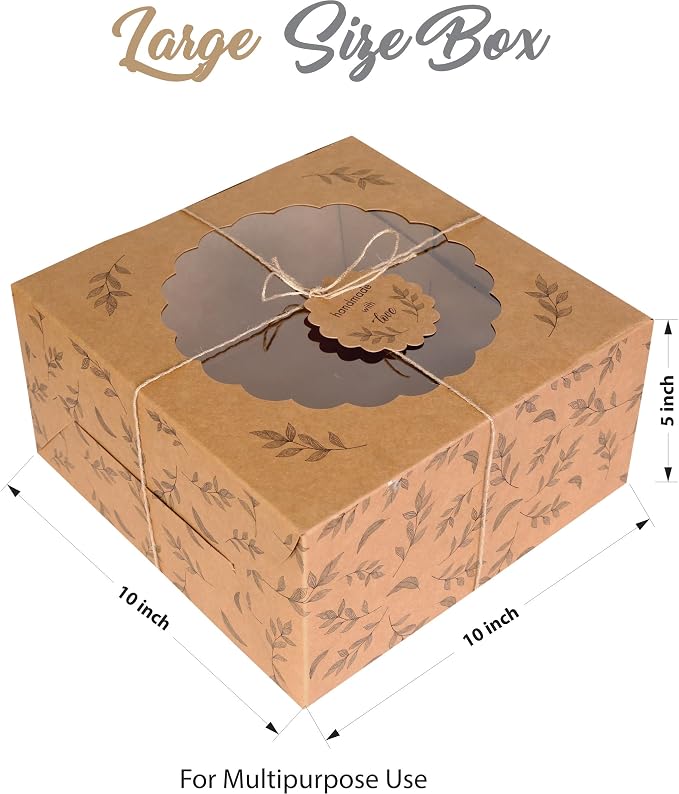 Kraft Cake Boxes with Window (10pcs) - Brown Bakery Boxes for Cakes, Donuts, Pie, Cookies, Cupcakes, Chocolates, Desserts: Size 10x10x5 Inches
