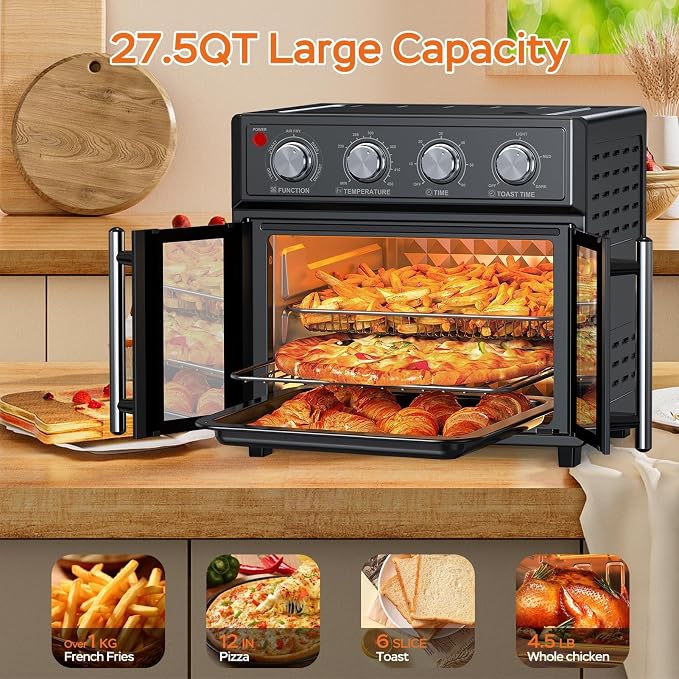 PlumChef 27.5 Quart Air Fryer Convection Toaster Oven, Black | Extra Large, 6 Slices, French Door, 1700W, Multifunction: Air Fryer, Toast, Grill, Defrost, Bake