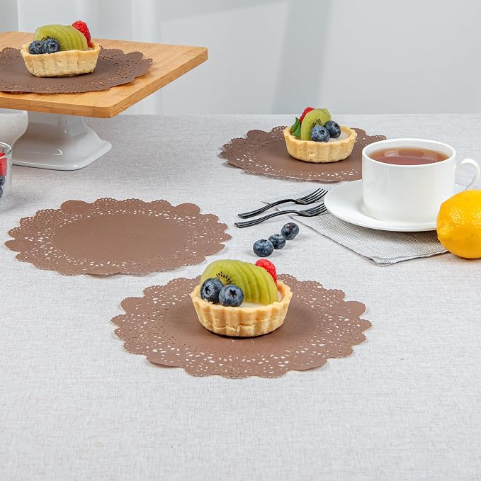 Restaurantware-Pastry Tek 8 x 8 Inch Paper Lace Doilies, 100 Round Disposable Table Doilies - Elegant Lace Finish, Long Lasting, Brown Paper Lace Doilies, for Pastries, Cupcakes, Desserts