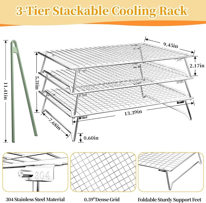 3-Tier Cookie Cooling Racks for Cooking & Baking, 304 Stainless Steel 13"x9" Stackable Wire Rack, Oven & Dishwasher Safe, Baking Rack for Oven, with Silicone Tongs