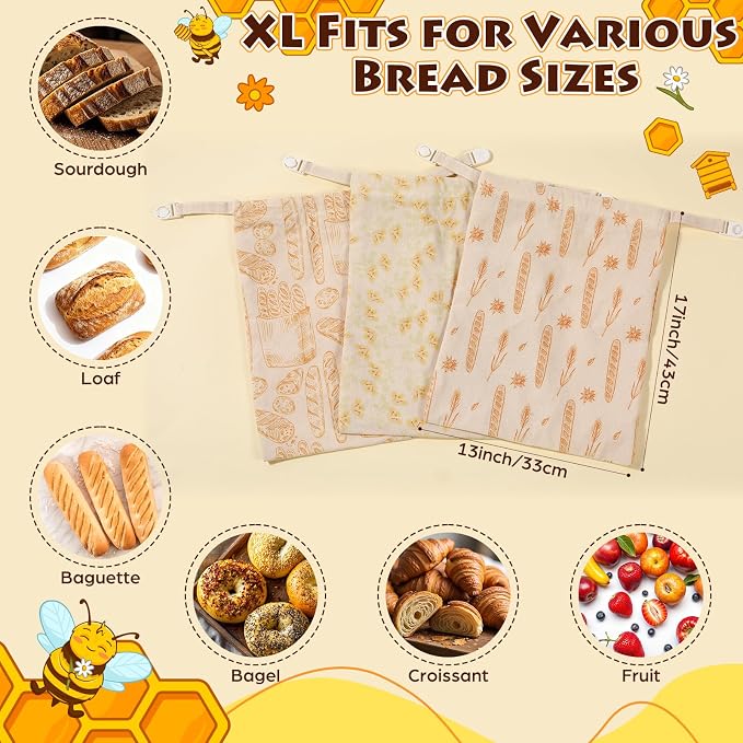 Tallew 3 Pack Beeswax Bread Bags for Sourdough & Homemade Bread 17 x 13'' XL Reusable Organic Linen Beeswax Wraps with Sealing Zip for Fresh Food Storage Loaf Freezer Baker(Classic Style)