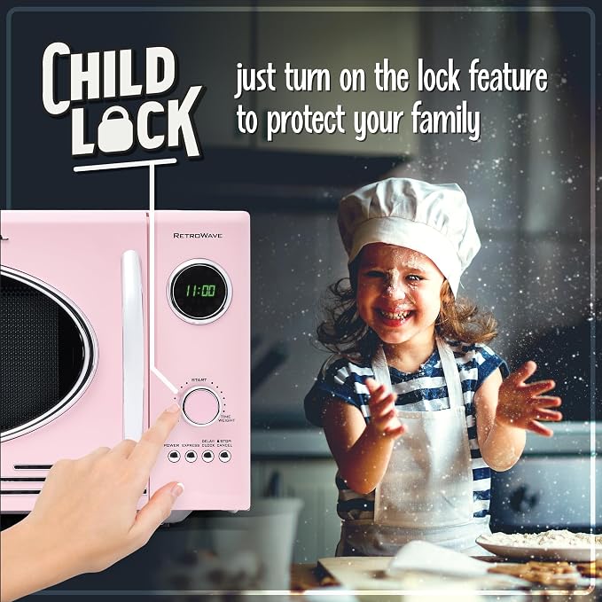 Nostalgia Countertop Microwave Oven with Easy Clean Interior - Retro Microwave with LED Display & Child Lock- Compact 0.9 Cu. Ft. Oven With 12 Pre-Programmed Settings for Quick Cooking- 800-Watts-Pink