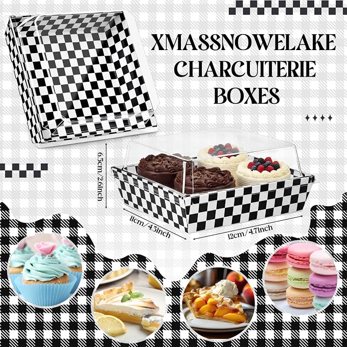 Potchen 50 Pack Checkerboard Charcuterie Boxes with Clear Lids – Classic Black ＆ White Plaid Design Boxes with Window for Cookies, Candy, and Mini Cakes – Ideal for Gift Giving & Bakery Packaging