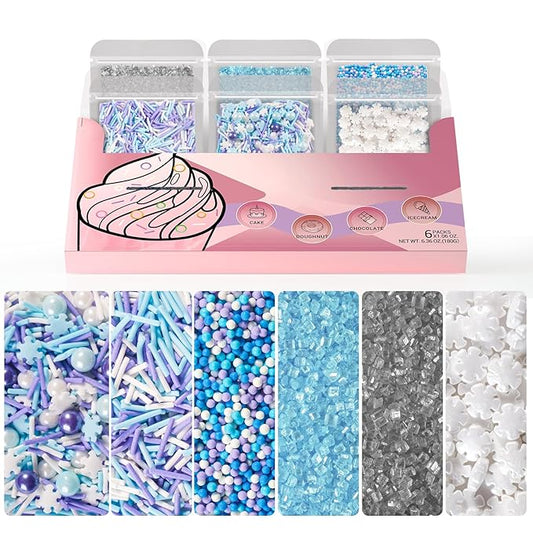 HUEBEATY 6-in-1 Frozen Snowflakes Sprinkles for Cake Decorating- 180g Winter Cake Sprinkles with Jimmies, Nonpareils, Blue & Silver Sugar, Edible Frozen Cake, Cupcake Toppers & Birthday Decorations for Cakes, Cupcakes, Cookies & Icecream