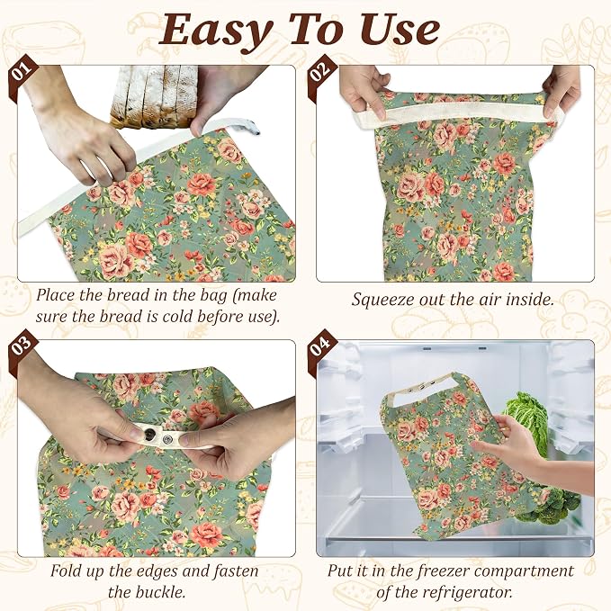 Bread Bags for Homemade Bread, Vintage Floral Rose Flower 2 Pack Linen and Beeswax Sourdough Storage Bags, Reusable Keeper, Keeps Breads Fresh Longer, Gifts for Bakers