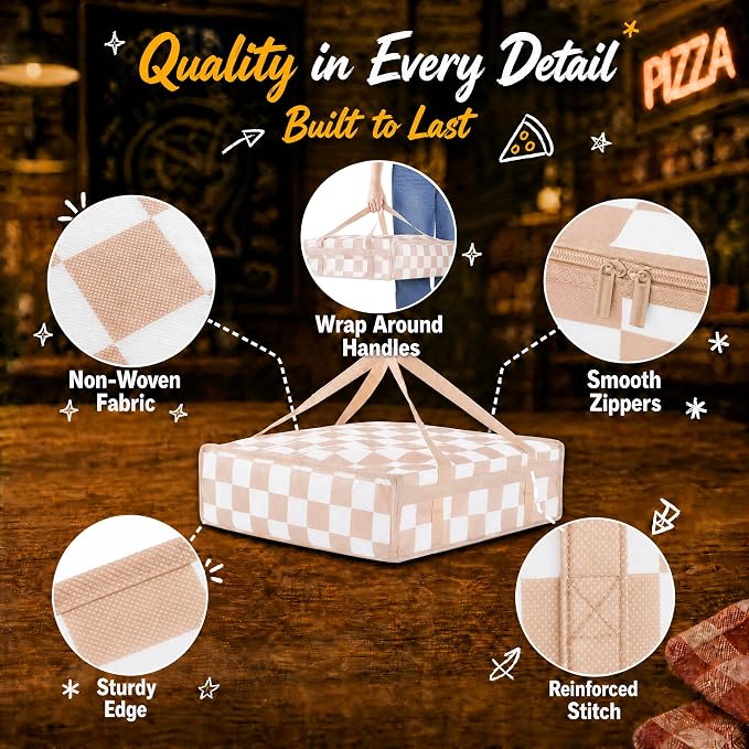 Beige Checkered Pizza Bags for delivery, Checkerboard Insulated Pizza Delivery Bag, Pizza Warmer Bag Pizza Carrier for Food Delivery Bag 20’’x20’’x6’’