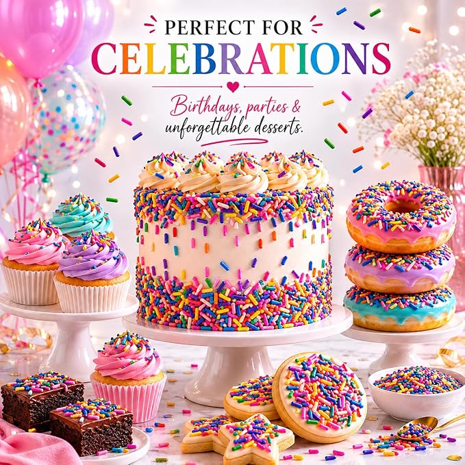 Confect Color Splash Rainbow Sprinkles – Custom Blend Multicolor Jimmies – Edible Toppings for Cake, Cupcake & Dessert Decorating –Vegan, Gluten-Free, Nut-Free, Soy-Free, Dairy-Free, Palm Oil-Free – 4.2 Oz