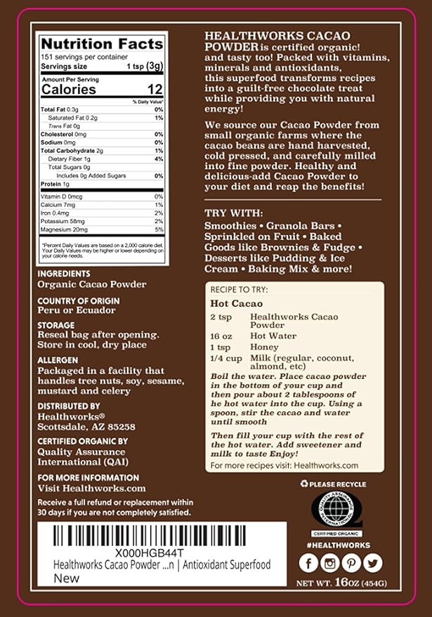 Healthworks Superfoods Organic Cacao Powder - 16 Oz / 1 Lb - Cocoa Chocolate Substitute - Rich Chocolate Flavour - Sugar-Free, Keto, Vegan & Non-GMO - Peruvian Bean/Nut Origin - Antioxidant Superfood