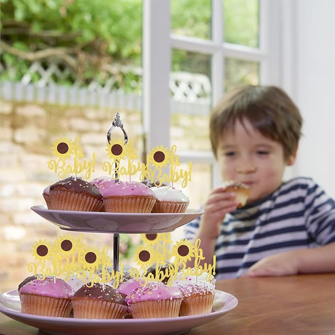 24 Pack Gold Glitter Sunflower Baby Shower Cupcake Toppers