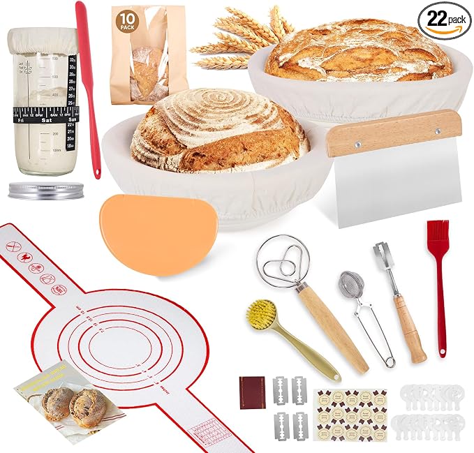 Sourdough Starter Kit, Banneton Bread Proofing Basket Baking Gift Set, Sourdough Bread Baking Supplies, Sourdough Tools with Starter Jar, Bread Sling, Bread Lame, Bread Making Tools