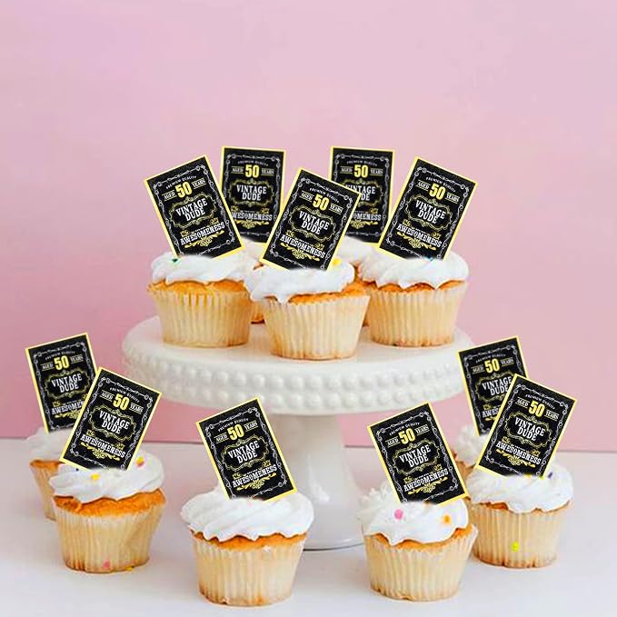 40Pcs Edible Rectangle 50th Birthday Card Cupcake Toppers Edible Black 50 Vintage Dude Awesomeness Cupcake Picks Drink Toppers for 50th Vintage Birthday Anniversary Party Decorations