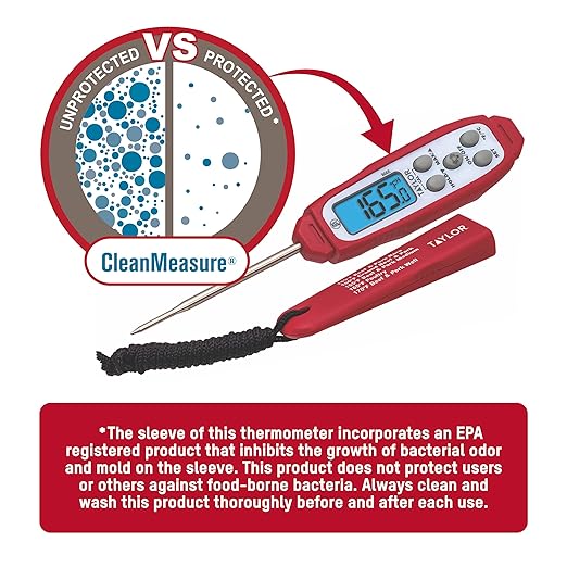 Taylor Digital Instant Read Meat Thermometer for GLP-1 High Protein Meal Prep – Waterproof Kitchen Probe for Chicken, Steak, Lean Cuts, Grill, BBQ – Fast Temperature Check, Blue Backlight Display, Red