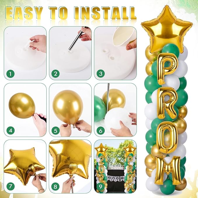 2 Sets Graduation Balloon Column Stand Kits with 132 PCS Green Gold White Latex Balloons 2026 Letters 6.5 Ft Adjustable Metal Tube Telescopic Tower Pillar with Base for Graduation Party Decoration