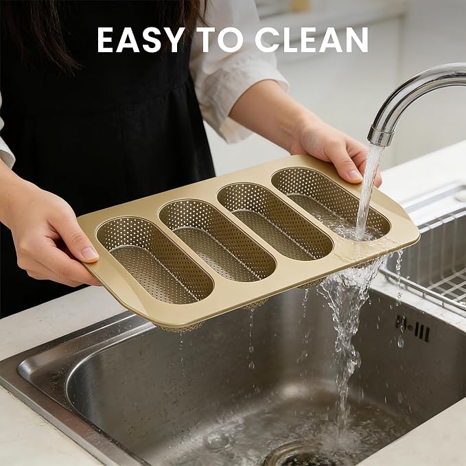 Baguette Bread Pan for Baking, 4 Loaf Nonstick French Bread Baking Pan, Perforated Carbon Steel Bread Loaf Pan for Homemade Baguettes, Sub Rolls and Artisan Bread