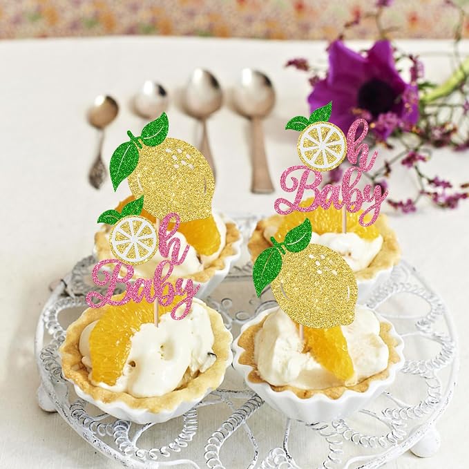 Rsstarxi 24 Pack Lemon Oh Baby Cupcake Toppers Lemonade Baby Shower Decorations Fruit Theme Lemonade Cupcake Picks for Lemon Birthday Party Cake Decorations Pink