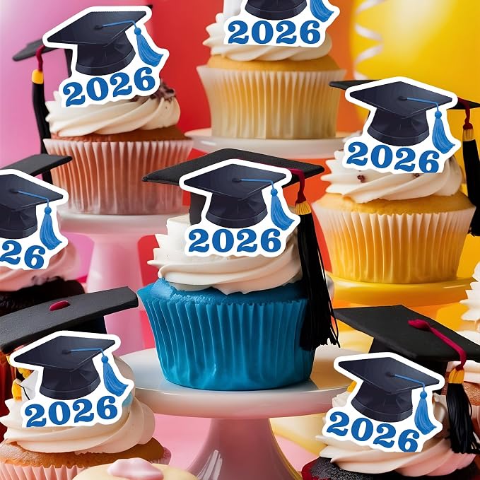 42pcs Edible Graduation Cap Cupcake Toppers Wafer Paper Blue Class of 2026 Cake Decorations Edible Grad Cap Cupcake Picks for 2026 Graduation Theme Party Cake Decor Supplies