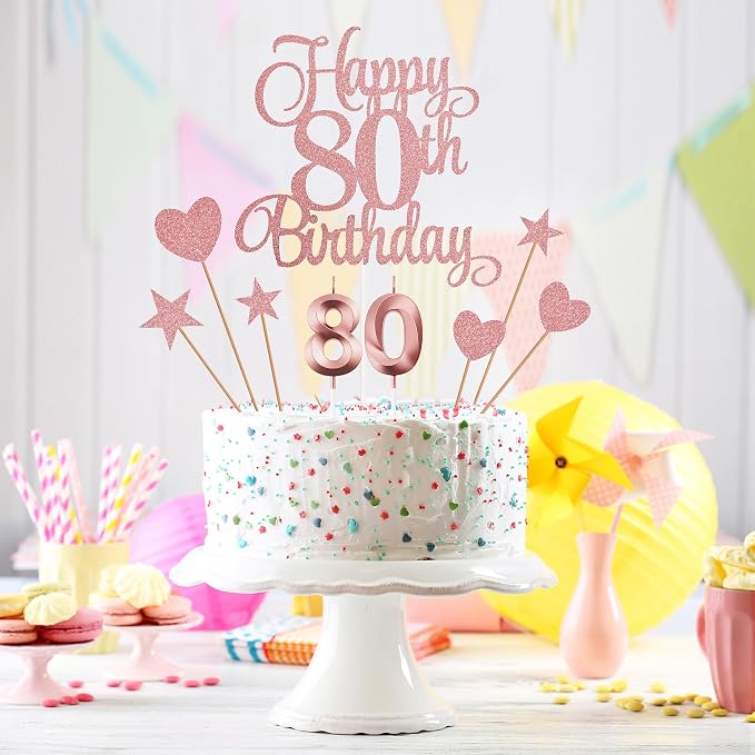 80th Birthday Cake Decorations, 80th Birthday Candles Cake Numeral Candles and Glitter Happy 80th Birthday Cake Toppers Set for Birthday Party Supplies (Rose Gold)