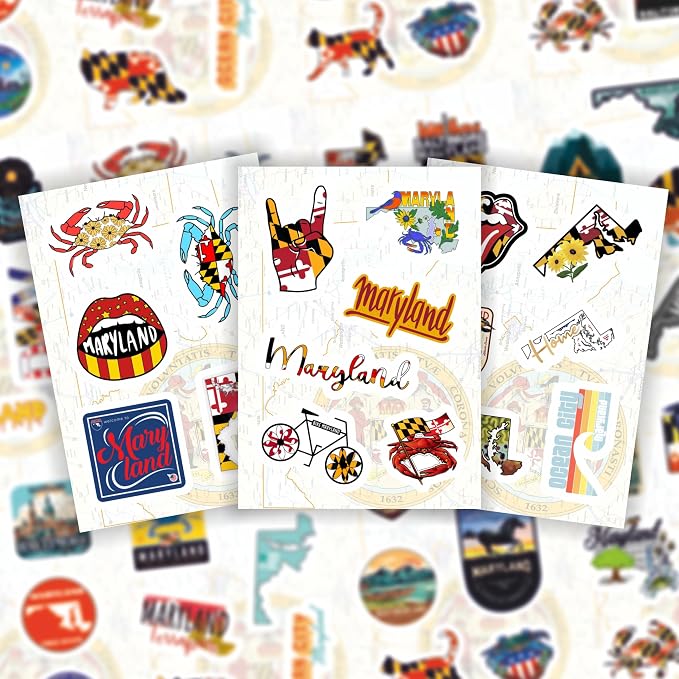 BulbaCraft 100Pcs Maryland Stickers for Water Bottle and Laptop - Maryland Party Supplies & Decorations, Waterproof Vinyl Decals, State Pride and Icon Stickers, Gifts for Women & Men
