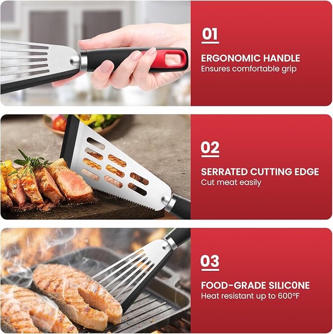 Fish Spatula Turner Set of 2, 600ºF Heat Resistant Silicone Spatulas for Nonstick Cookware, Metal Slotted Spatula with Silicone Edge for Fish, Egg, Pancake, Dishwasher Safe