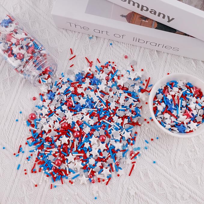 Patriotic Sprinkles Red White Blue Silver Sprinkle Rainbow Jimmies for Baking Cookie Star Sprinkle 4th of July Memorial Day Sprinkles Edible Colorful Sugar Pearl Candy Decorations 100g /3.5 Oz
