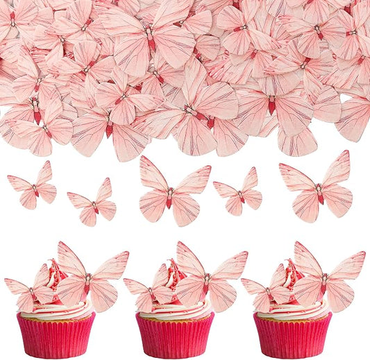 Gyufise 72Pcs Edible Butterfly Cupcake Toppers & Decorations for Butterfly Theme Baby Shower & Kids Birthday Party Cake Supplies - Pink