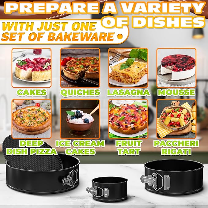 Spring Form Pan for Cheesecakes - Leak Resistant Springform Pan Set, Easy-Open Latch and Removable Bottom for Cake Lift, Nonstick Round Cake Pans Set 4 7 9 Inch, 60 Parchment Liners, Oven Safe to 450F