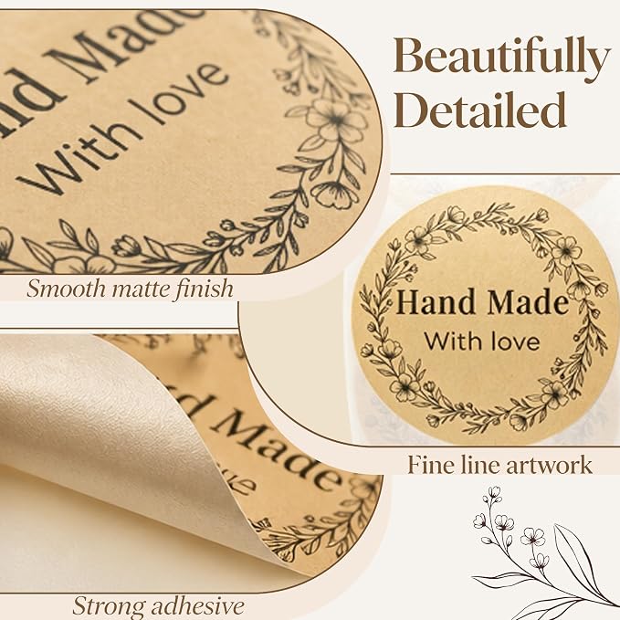 500 PCS Thank You Stickers 1.5 Inch Round Kraft Paper Labels, Floral Wreath Handmade with Love Stickers for Small Business Packaging, Self Adhesive Rustic Handmade Labels